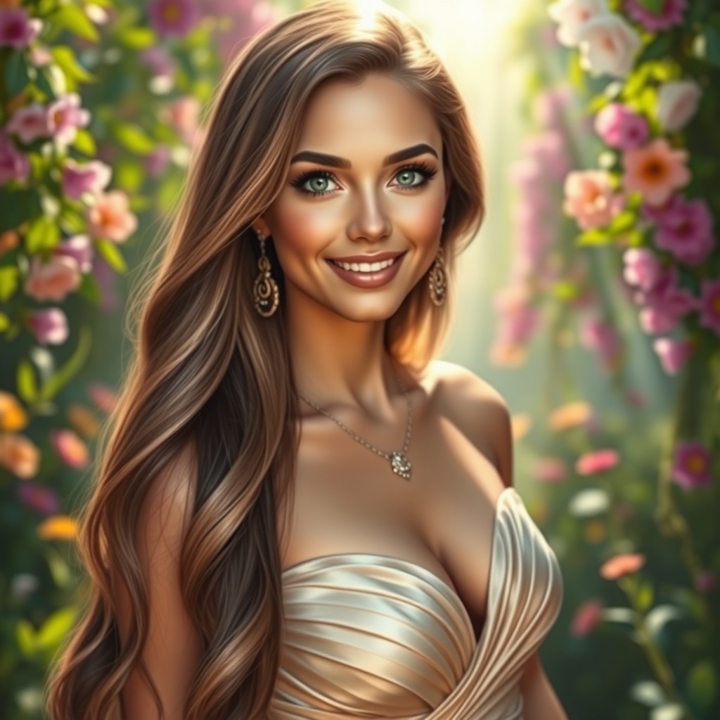 A breathtaking portrait of a stunning woman with long flowing hair, captivating green eyes, and a radiant smile