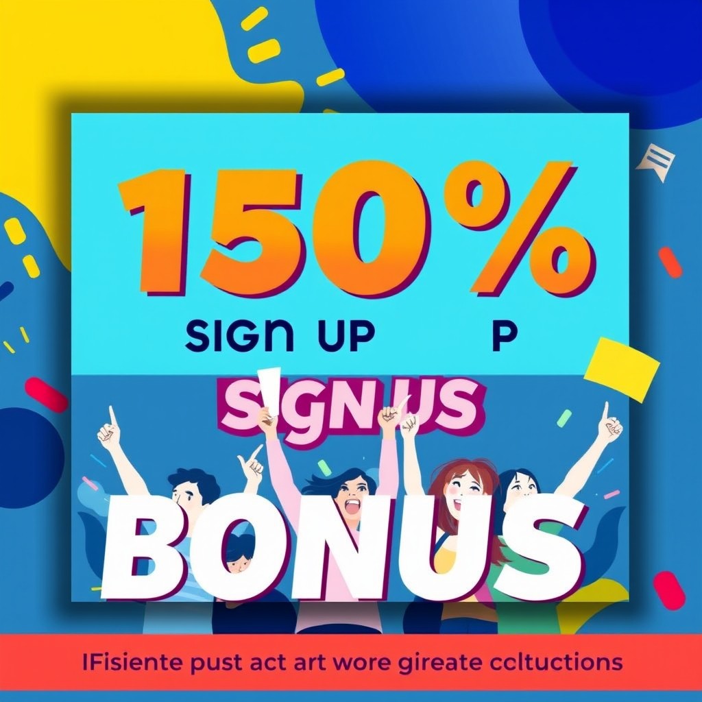 An eye-catching promotional graphic showcasing a '150% Sign Up Bonus' in bold, attractive typography
