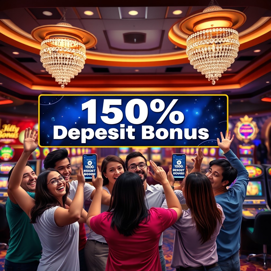 A highly detailed digital illustration of a vibrant online casino scene featuring a large banner promoting a '150% Deposit Bonus'