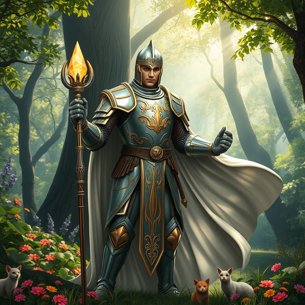 A valiant healer knight standing in a lush enchanted forest, wearing shining silver armor adorned with intricate golden designs
