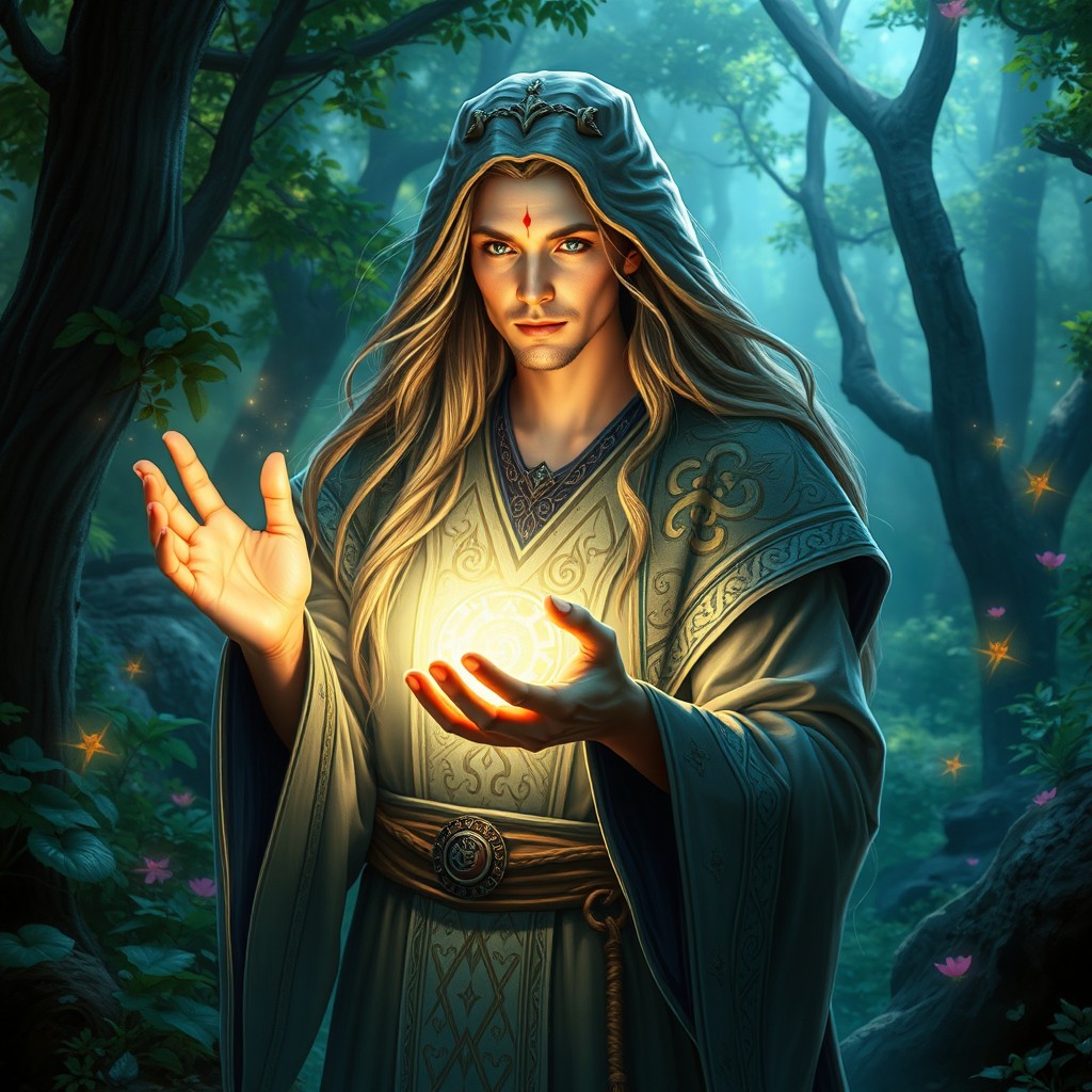 A mystical conscript healer in a fantasy setting, wearing an elaborate robe adorned with arcane symbols
