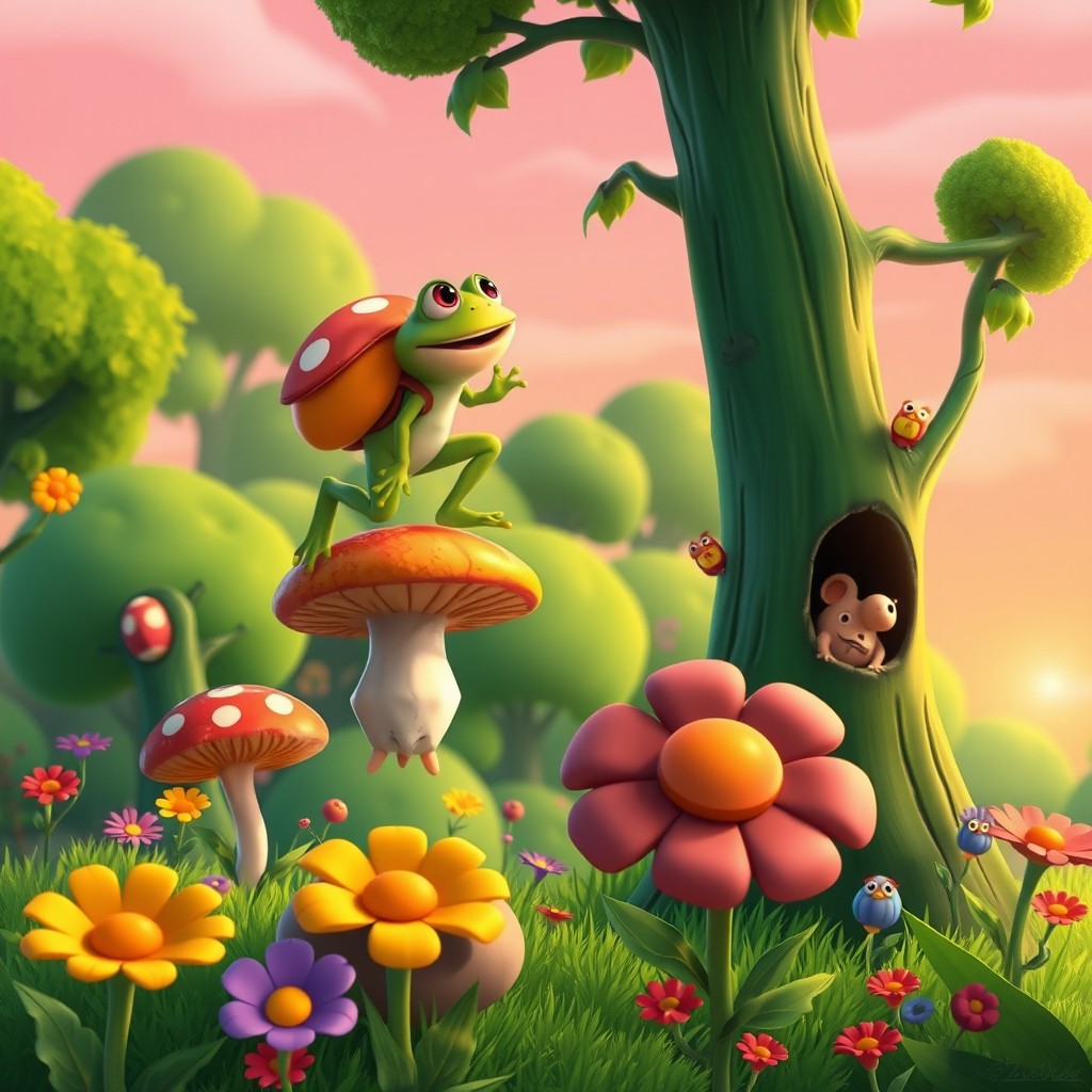 A vibrant scene depicting a character in a colorful, fantastical world inspired by a story game, designed with a jumping mechanic