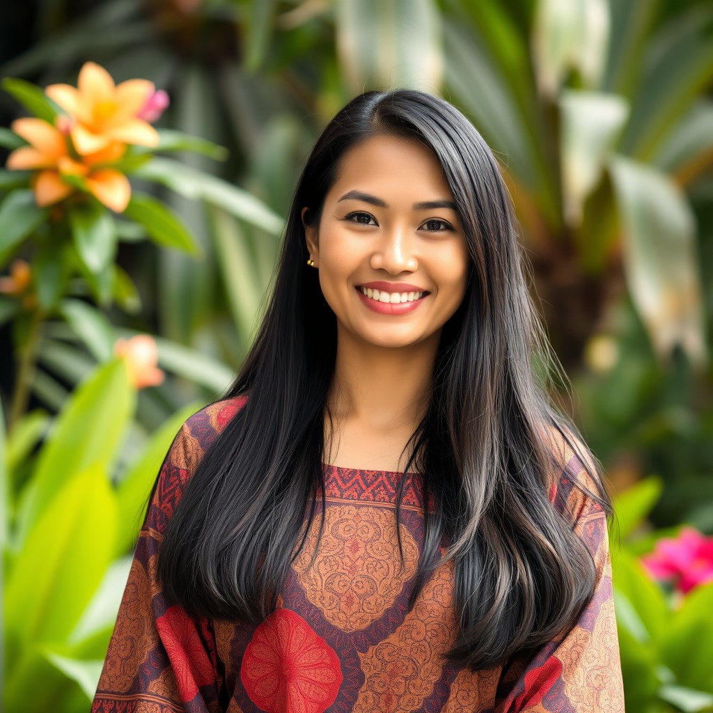 A beautiful Indonesian mother standing straight ahead, showcasing her warm smile and gentle demeanor