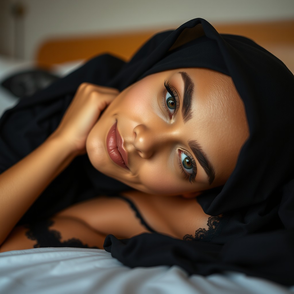 A beautiful Arab Muslim woman with wheat-colored skin wearing a black nightgown, lying on her side on a bed, looking directly at the camera