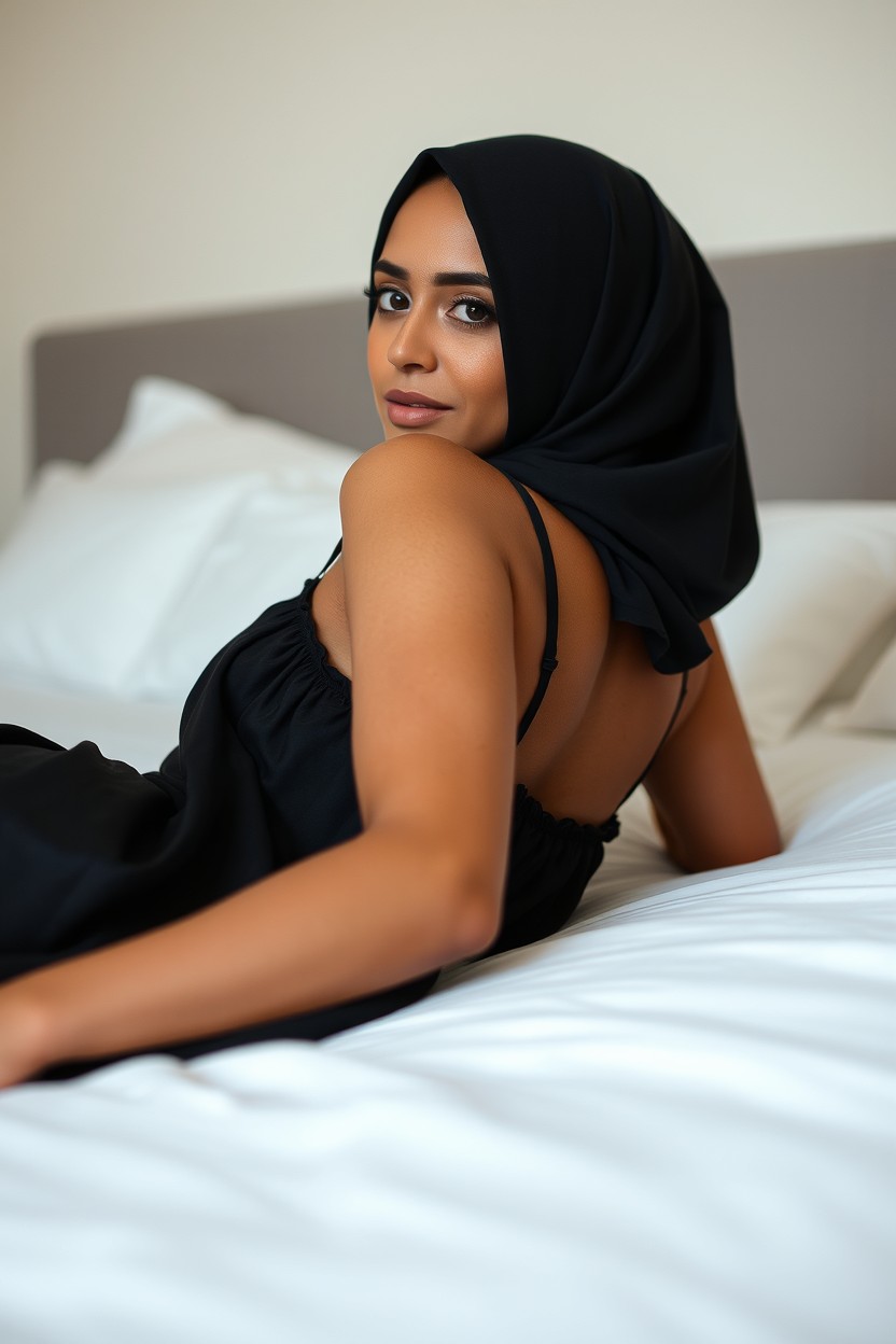 A beautiful Arab Muslim woman with wheat-colored skin wearing a black nightgown, lying on her side on a bed, turning her back to the camera but with her head turned to look directly at the camera