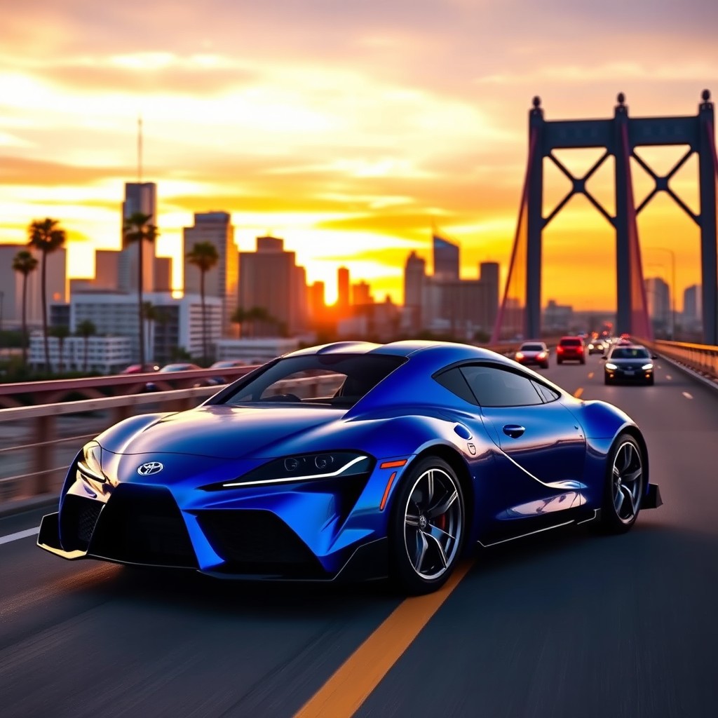 A stunning Toyota Supra parked on the Los Angeles bridge, showcased against the bustling city skyline at sunset
