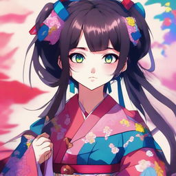 An intricately detailed anime girl with expressive eyes and a vibrant, colorful attire, reminiscent of popular Japanese animation styles.