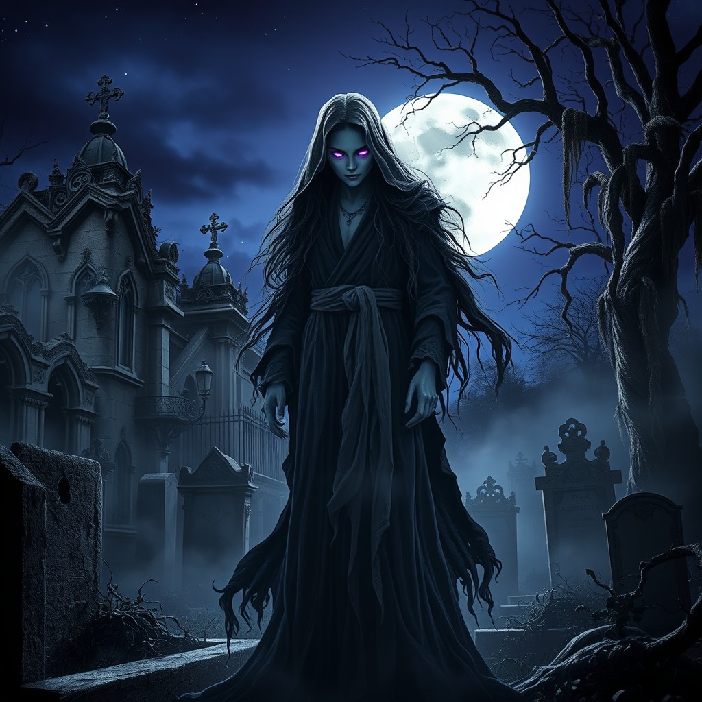 A captivating and ethereal figure representing a mysterious soul in a gothic setting