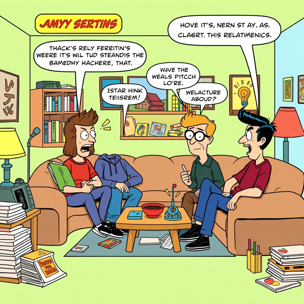 A vibrant comic strip depicting characters inspired by classic sitcoms, featuring four nerdy friends gathered in a living room filled with geeky memorabilia