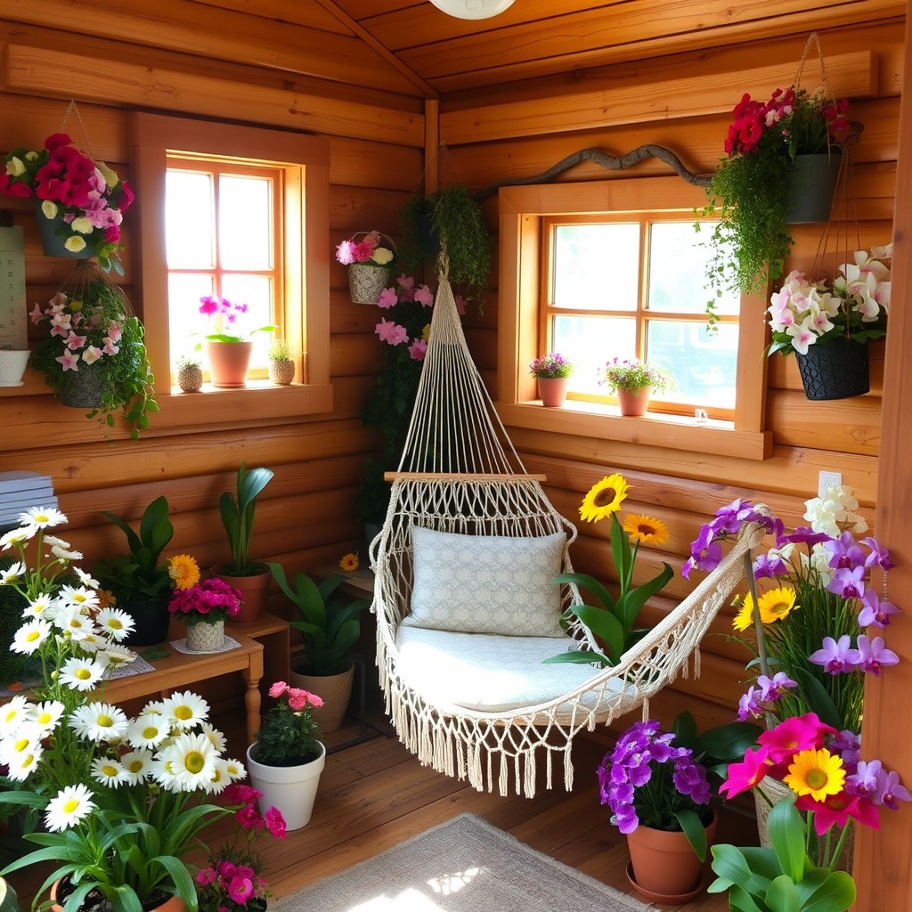 A cozy, small wooden room filled with vibrant flowers and natural decorations