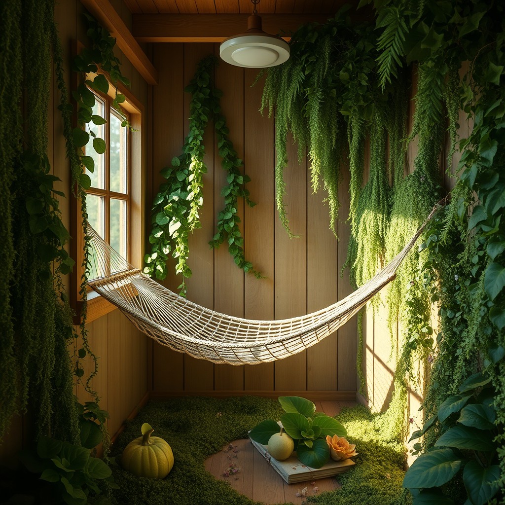 A small wooden room designed with a mossy forest aesthetic, filled with an abundance of leafy plants and a few scattered flowers for decoration