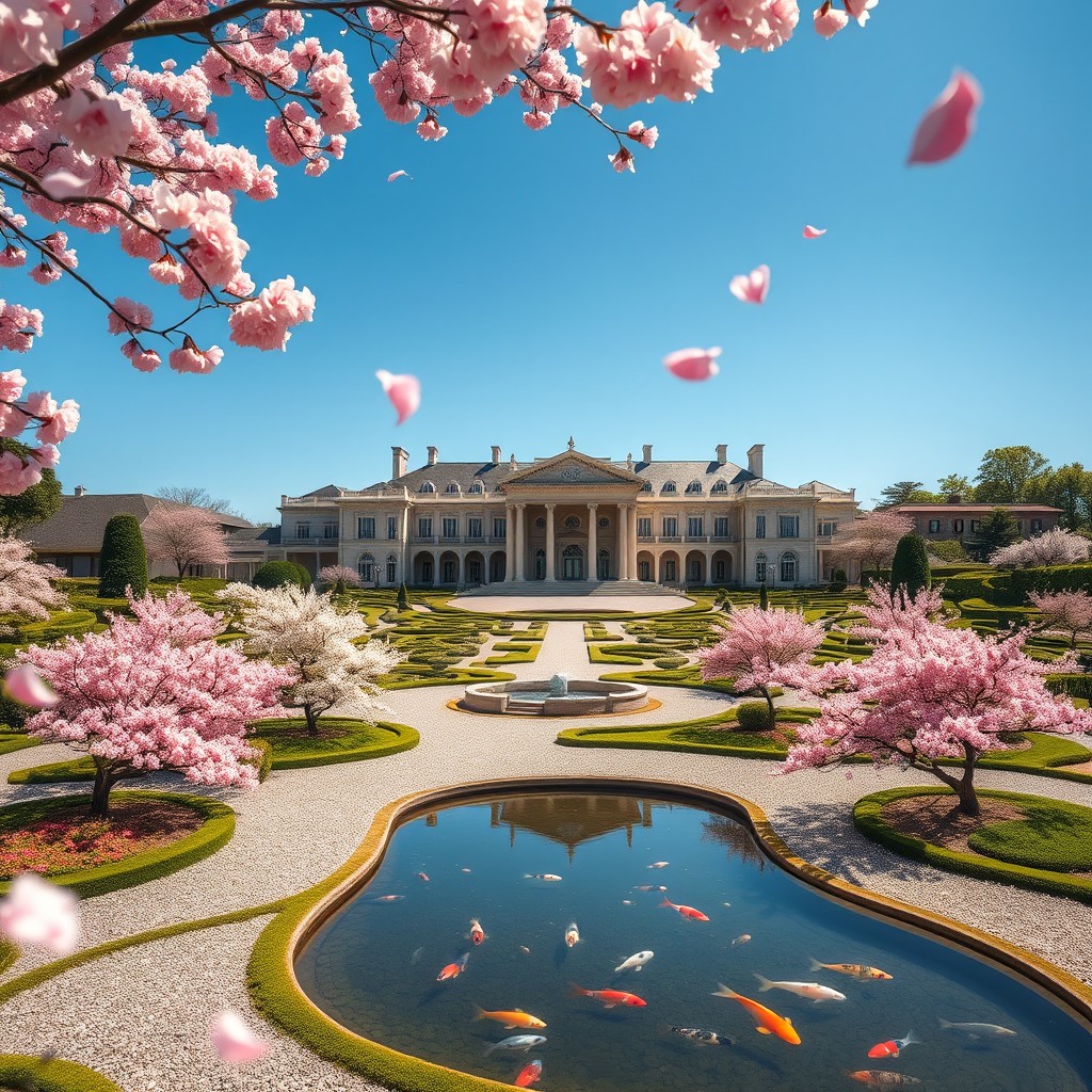 A breathtaking scene showcasing the largest mansion ever built, viewed from a rolling and beautiful Japanese garden