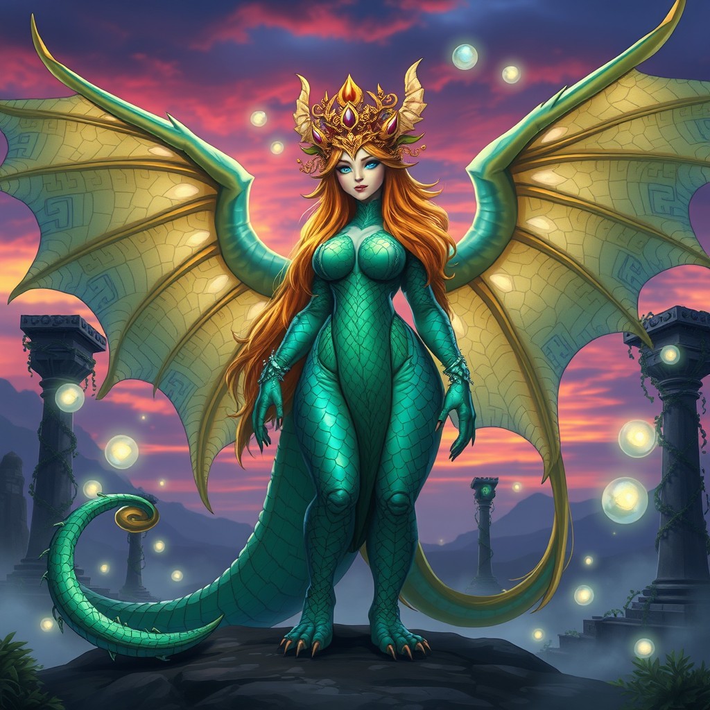 A curvy female anthro dragon god standing majestically in an ethereal landscape, with shimmering scales reflecting various shades of emerald green and sapphire blue