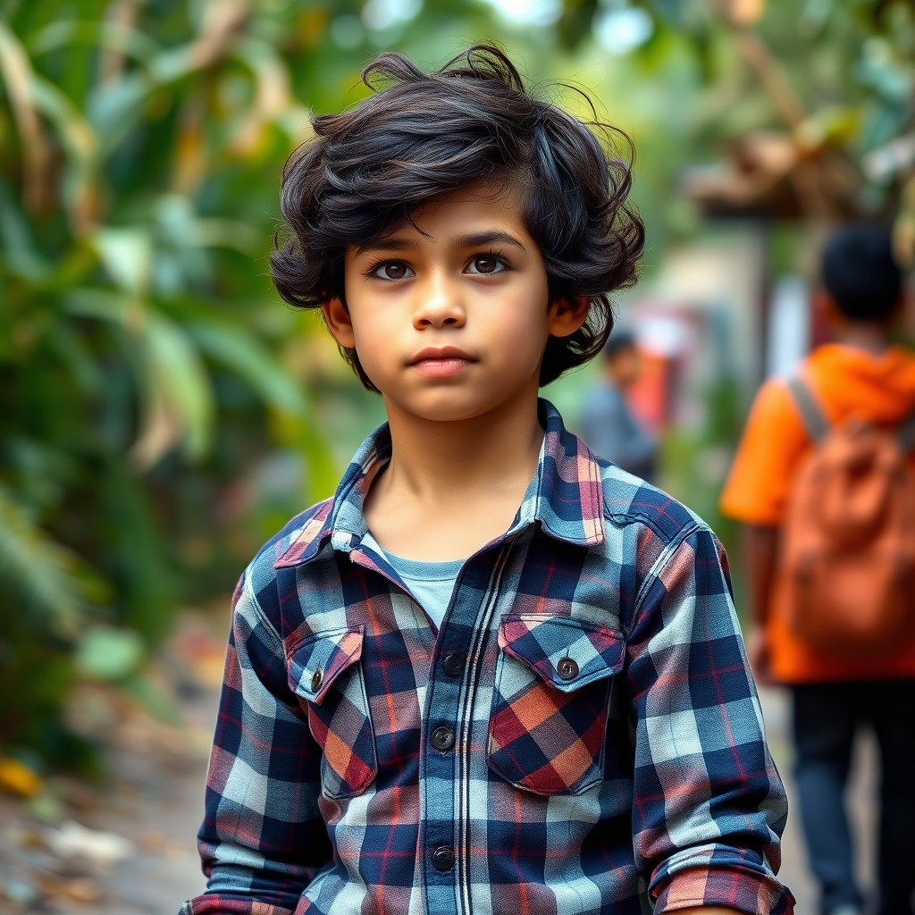 An 18-year-old boy with dark wavy hair confidently walks forward, wearing a stylish plaid flannel shirt