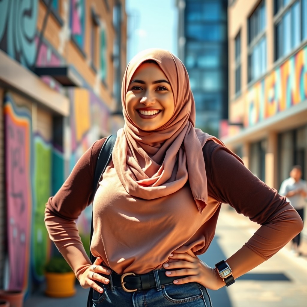 A young woman wearing a stylish hijab, posed confidently with her hands on her hips