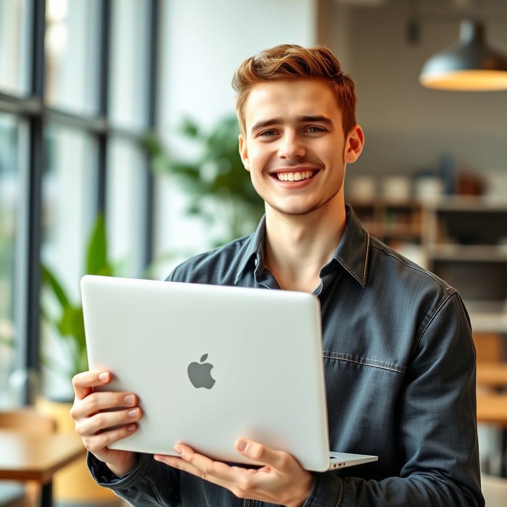 A young man with a warm smile, casually dressed, holding a sleek silver laptop in his hands