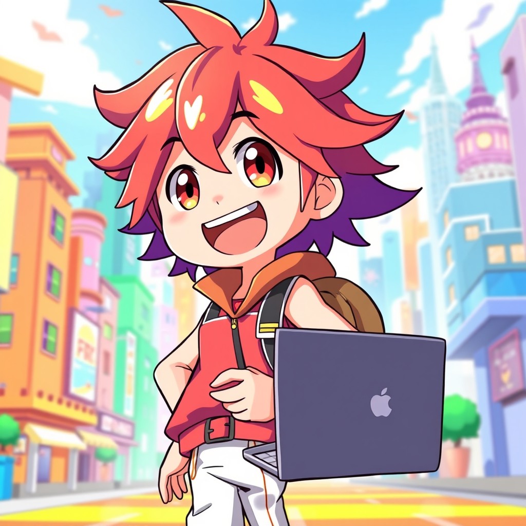 A popular anime character with a big, cheerful smile, holding a sleek laptop in one hand