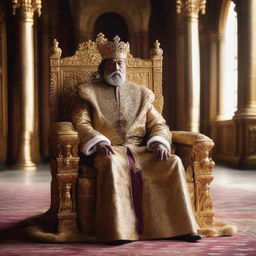 A regal king sitting majestically on his opulent throne, wearing a golden crown and royal attire. The throne room exudes grandeur with ornate decorations.