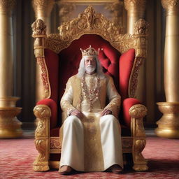 A regal king sitting majestically on his opulent throne, wearing a golden crown and royal attire. The throne room exudes grandeur with ornate decorations.