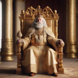 A regal king sitting majestically on his opulent throne, wearing a golden crown and royal attire. The throne room exudes grandeur with ornate decorations.