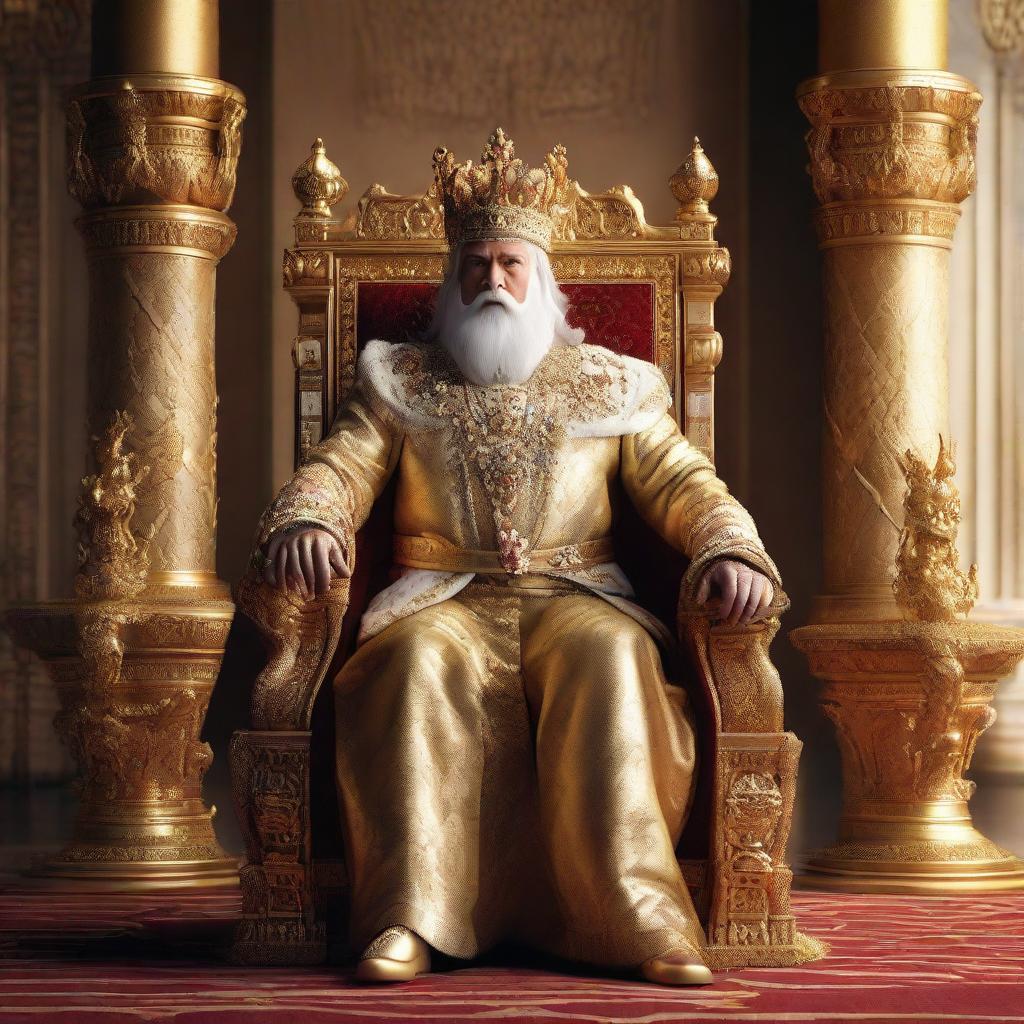 A regal king sitting majestically on his opulent throne, wearing a golden crown and royal attire. The throne room exudes grandeur with ornate decorations.