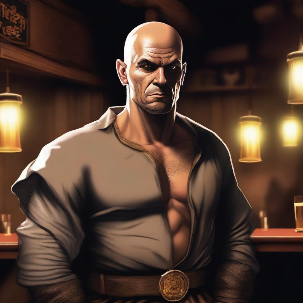 This digital art image portrays a 35-year-old male human bandit in a night tavern