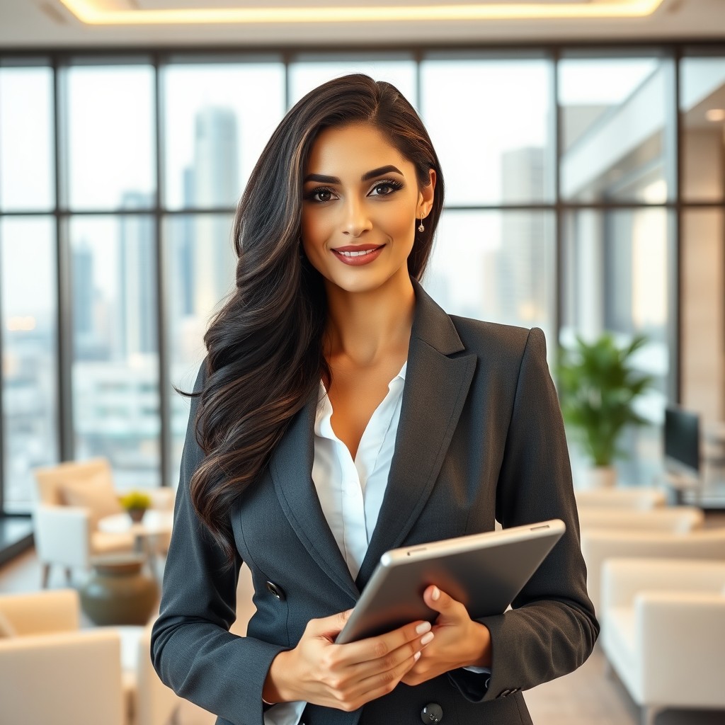 A portrait of a confident and successful Gulf Arab woman dressed in a stylish business suit, standing in an elegant office environment