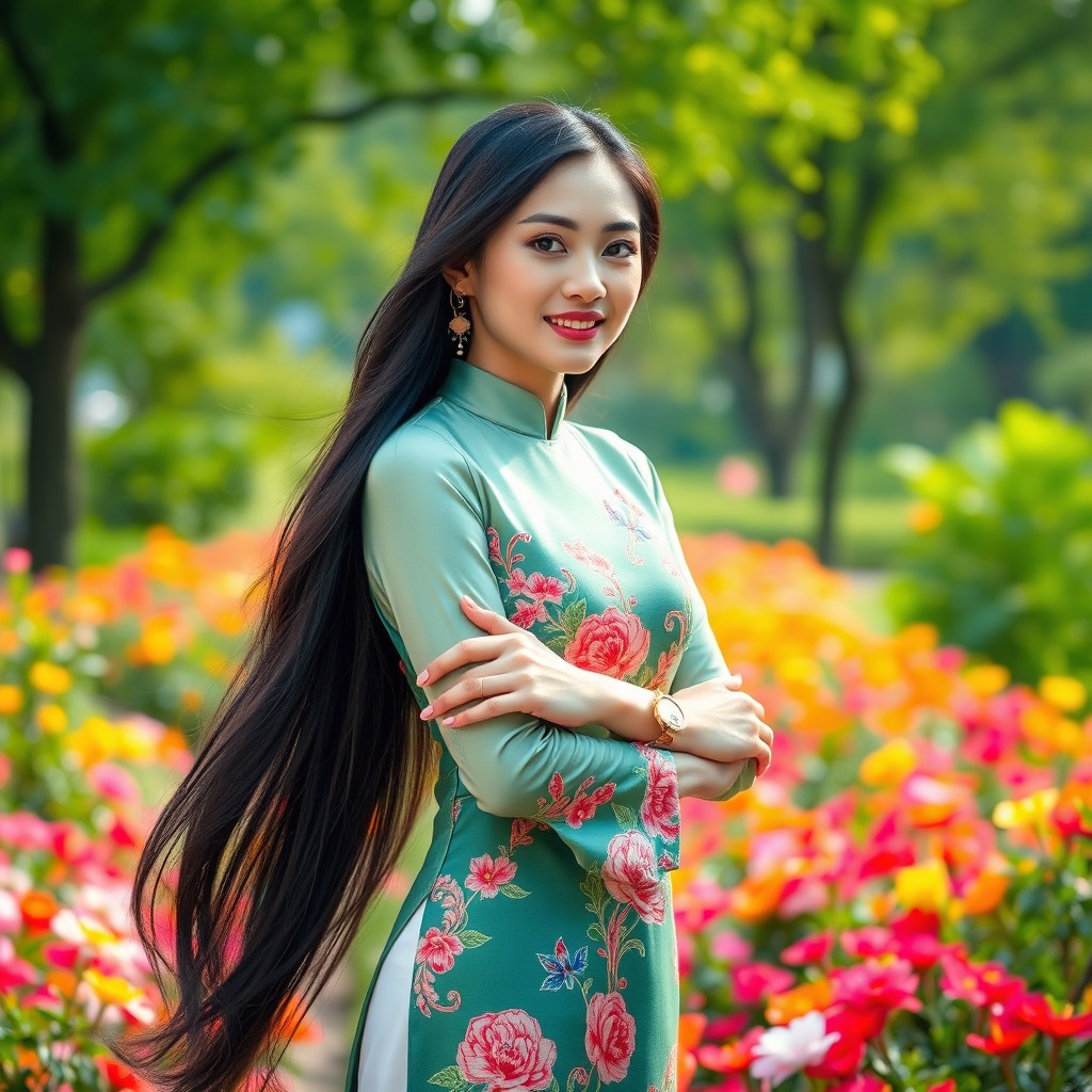 A beautiful woman in traditional Vietnamese attire, showcasing the elegance of the áo dài, standing gracefully in a vibrant flower garden
