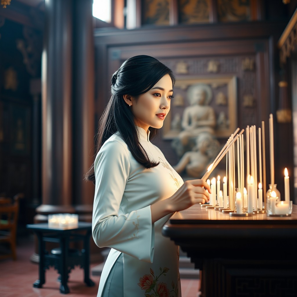 A beautiful Vietnamese woman dressed in a traditional áo dài, standing gracefully in a temple, lighting incense sticks at an altar