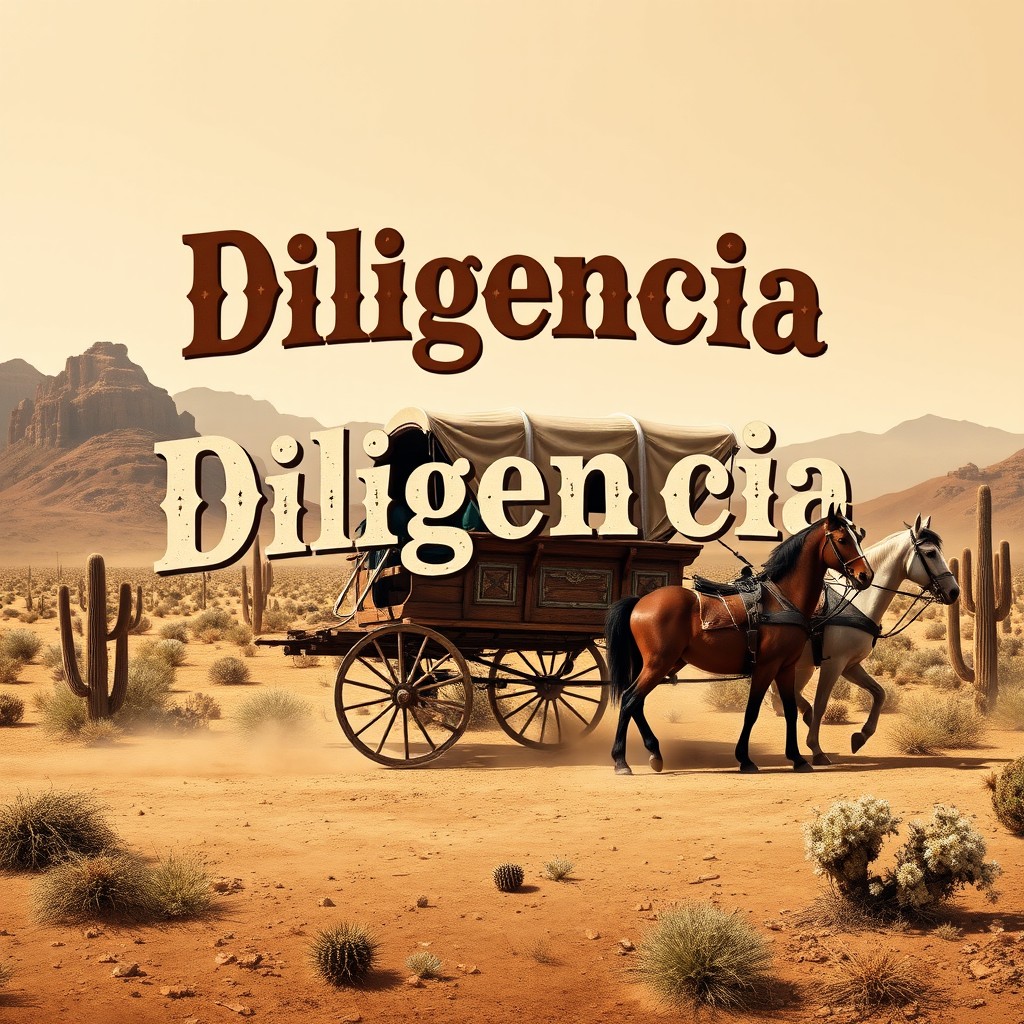 A vintage Old West carriage advertisement featuring the word 'Diligencia' prominently displayed
