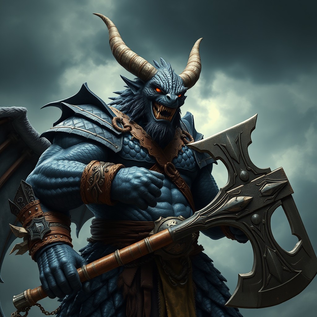 An intense and muscular black dragonborn barbarian with two prominent sets of horns, standing heroically while gripping a massive great axe
