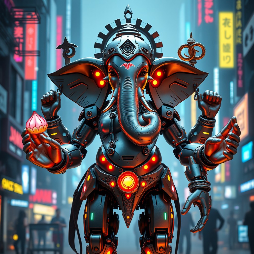 A futuristic Ganesh-inspired android humanoid figure, featuring intricate robotic elements combined with traditional Ganesh motifs