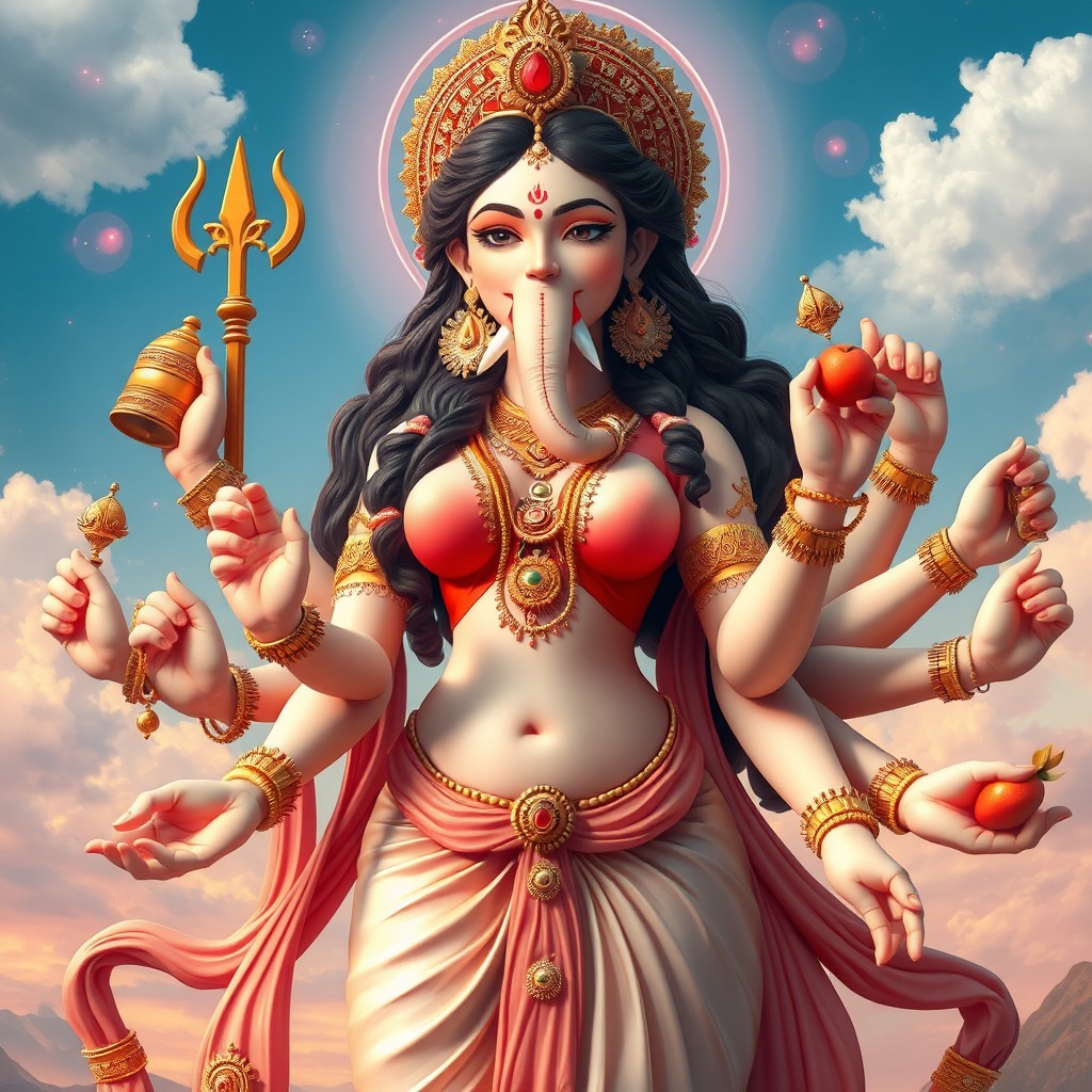 A beautiful humanoid female figure resembling a Hindu goddess, featuring a face that is 70% more human, with radiant features that embody beauty and grace