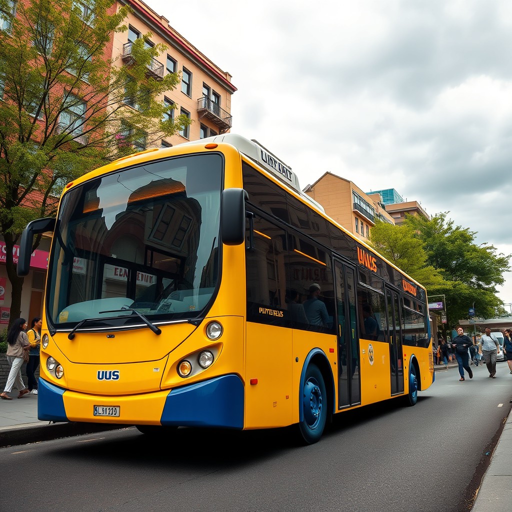 A vivid and imaginative scene of a bright yellow city bus with distinctive blue tires, parked at a bustling urban bus stop