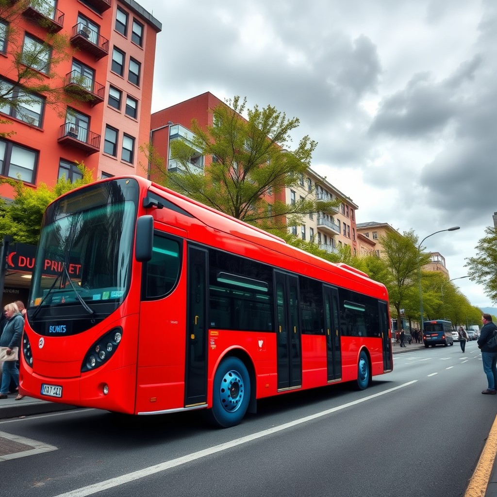 A vivid and imaginative scene of a bright red city bus with distinctive blue tires, parked at a bustling urban bus stop