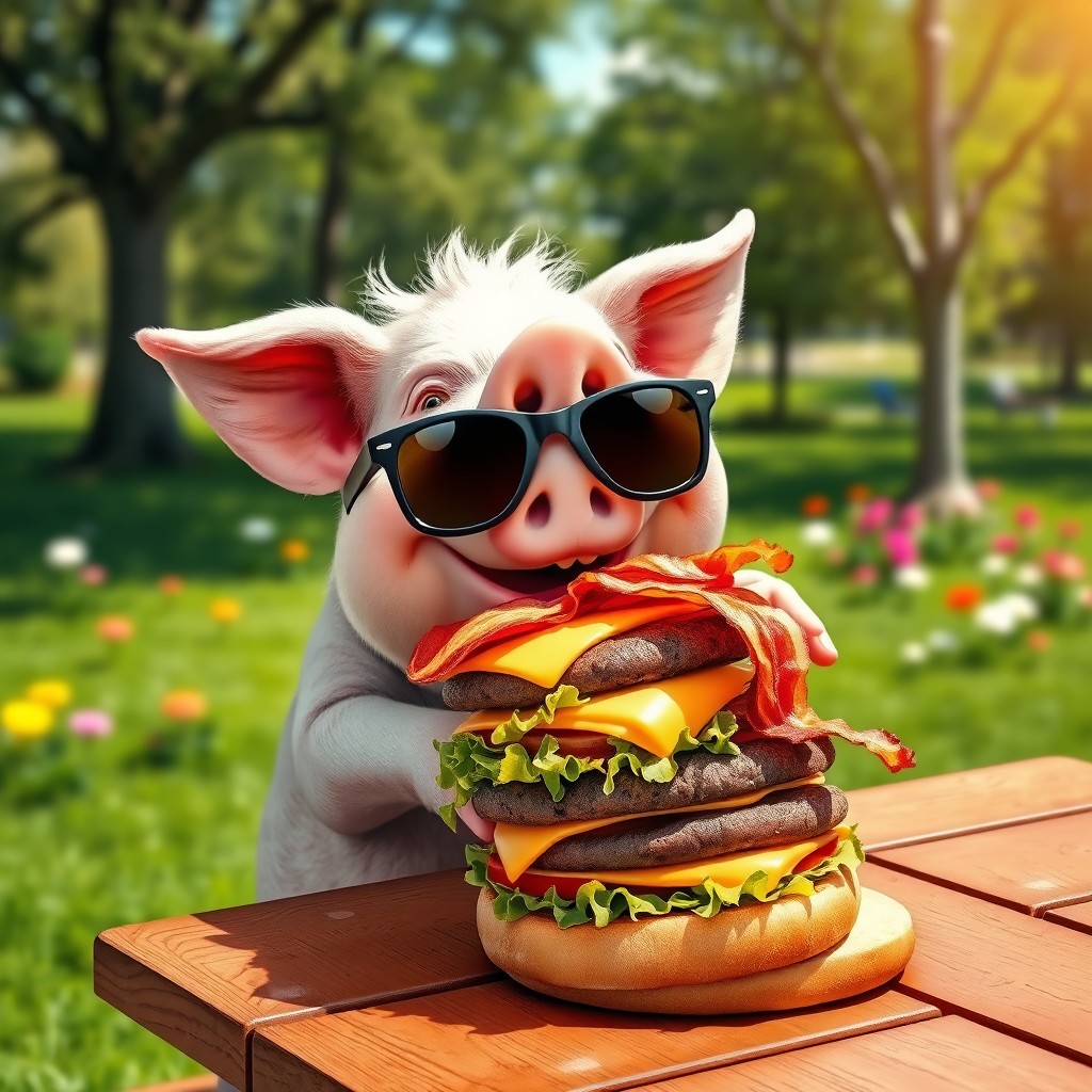 A whimsical scene featuring a pig with a cheerful expression, wearing stylish sunglasses, happily eating a large juicy burger