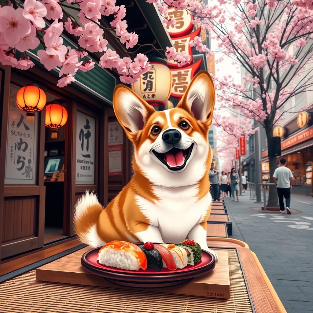 A playful corgi happily eating sushi in a traditional Tokyo setting