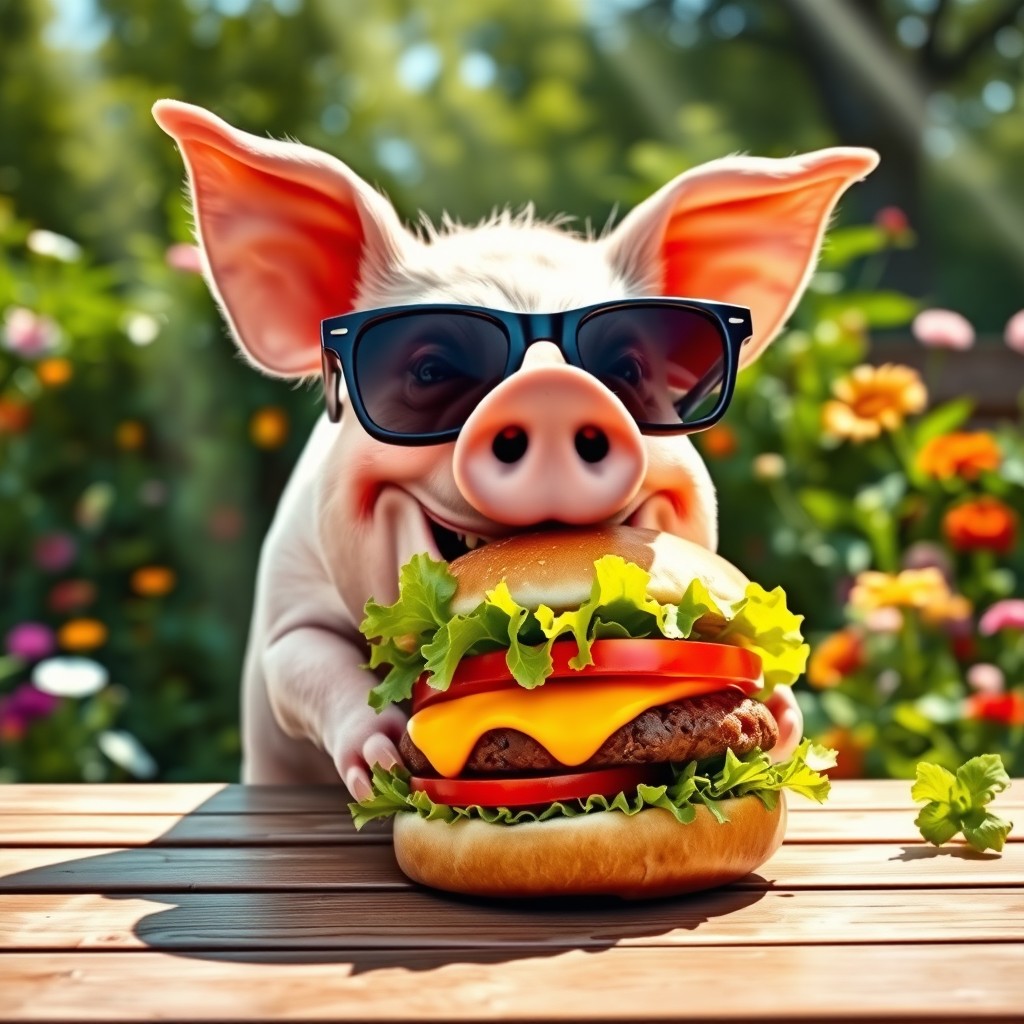 A playful scene featuring a pig with a joyful expression, wearing stylish sunglasses, in the act of eating a delicious burger