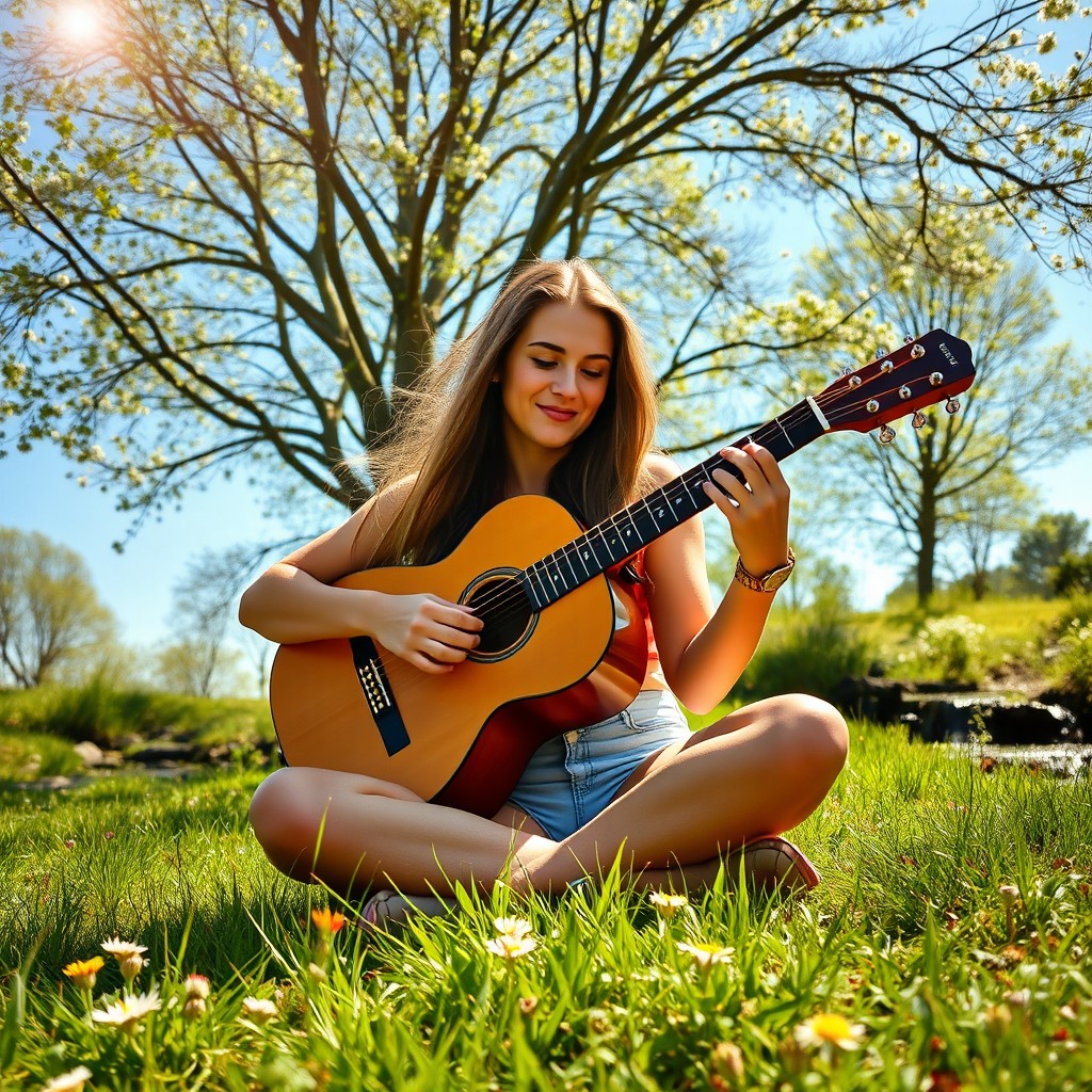 A serene scene of a person playing an acoustic guitar in a peaceful outdoor setting