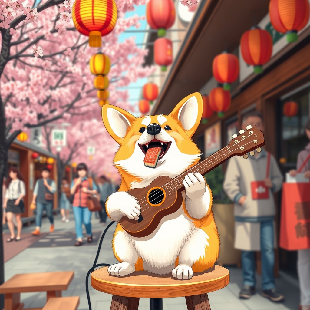 A whimsical scene of a corgi joyfully eating sushi while playing a miniature guitar in a lively Tokyo setting
