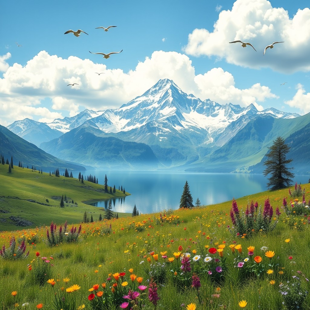 a realistic image of a serene landscape featuring a majestic mountain range in the background, vibrant green meadows in the foreground adorned with colorful wildflowers, a calm blue lake reflecting the sky, fluffy white clouds lazily drifting by, and a few birds soaring overhead, capturing the essence of nature's beauty in a tranquil setting