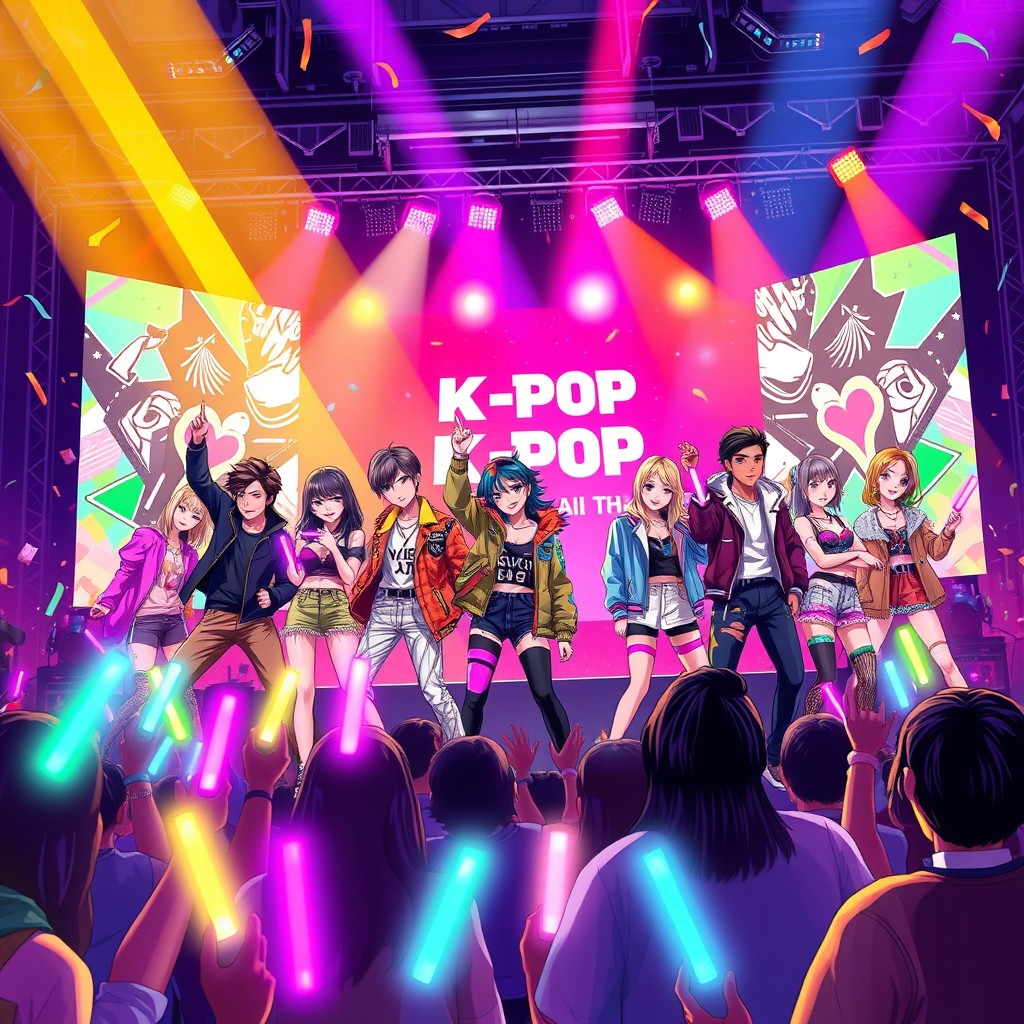 A vibrant and dynamic illustration of a K-Pop concert featuring a diverse group of stylish performers on stage