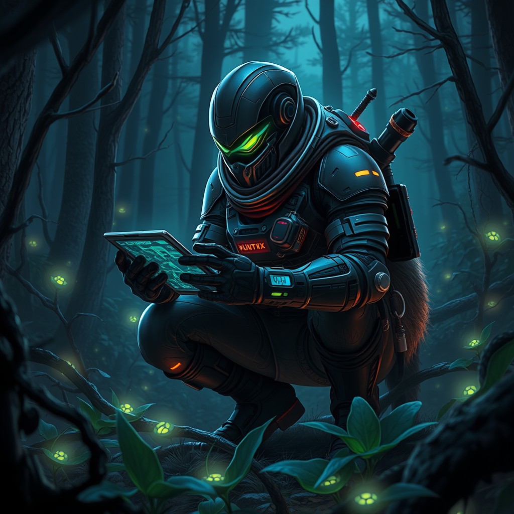 A striking and imaginative depiction of 'Huntrix', an enigmatic character designed as a futuristic hunter