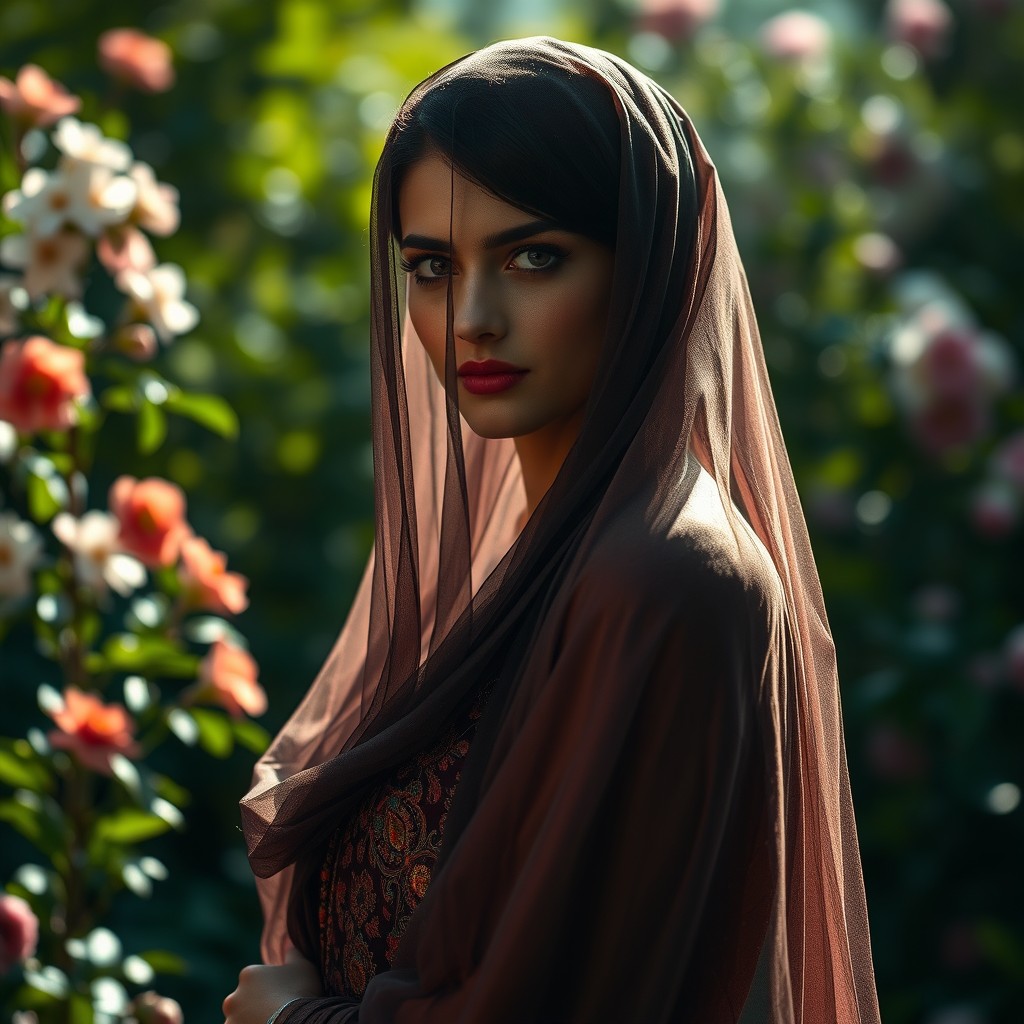 A mysterious and elegantly veiled woman standing gracefully in a beautifully lit garden, her delicate features partially visible through the shimmering fabric of her veil