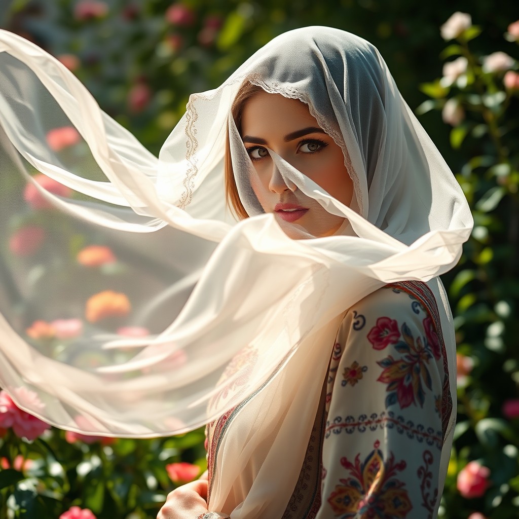 A mysterious and elegant veiled woman standing gracefully in a sunlit garden, the fabric of her veil flowing gently in the breeze