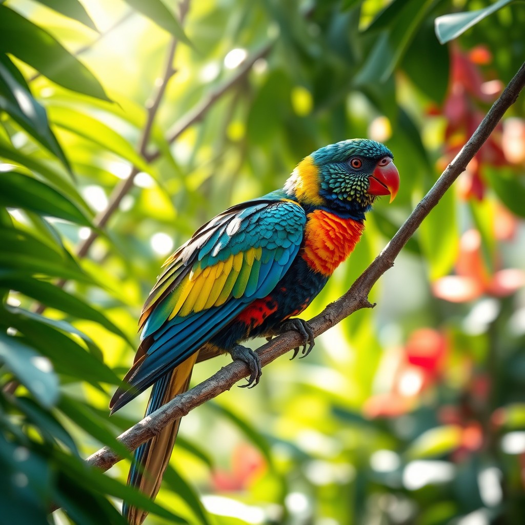 A majestic scene featuring a vibrant tropical bird perched on a branch surrounded by lush green foliage