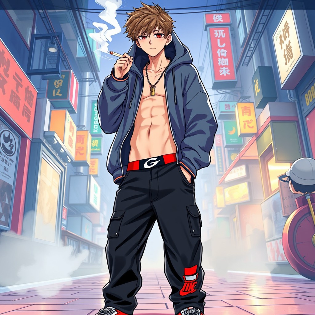 An anime-style illustration of a fashion-loving Japanese grade school boy, exuding a cool and rebellious vibe