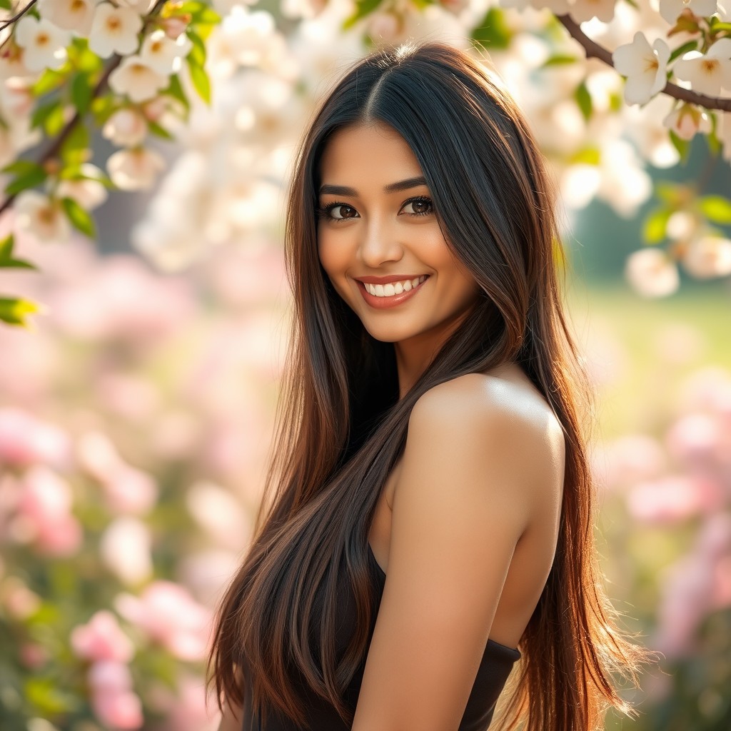 A stunning 27-year-old woman with striking long brunette hair cascading down her shoulders