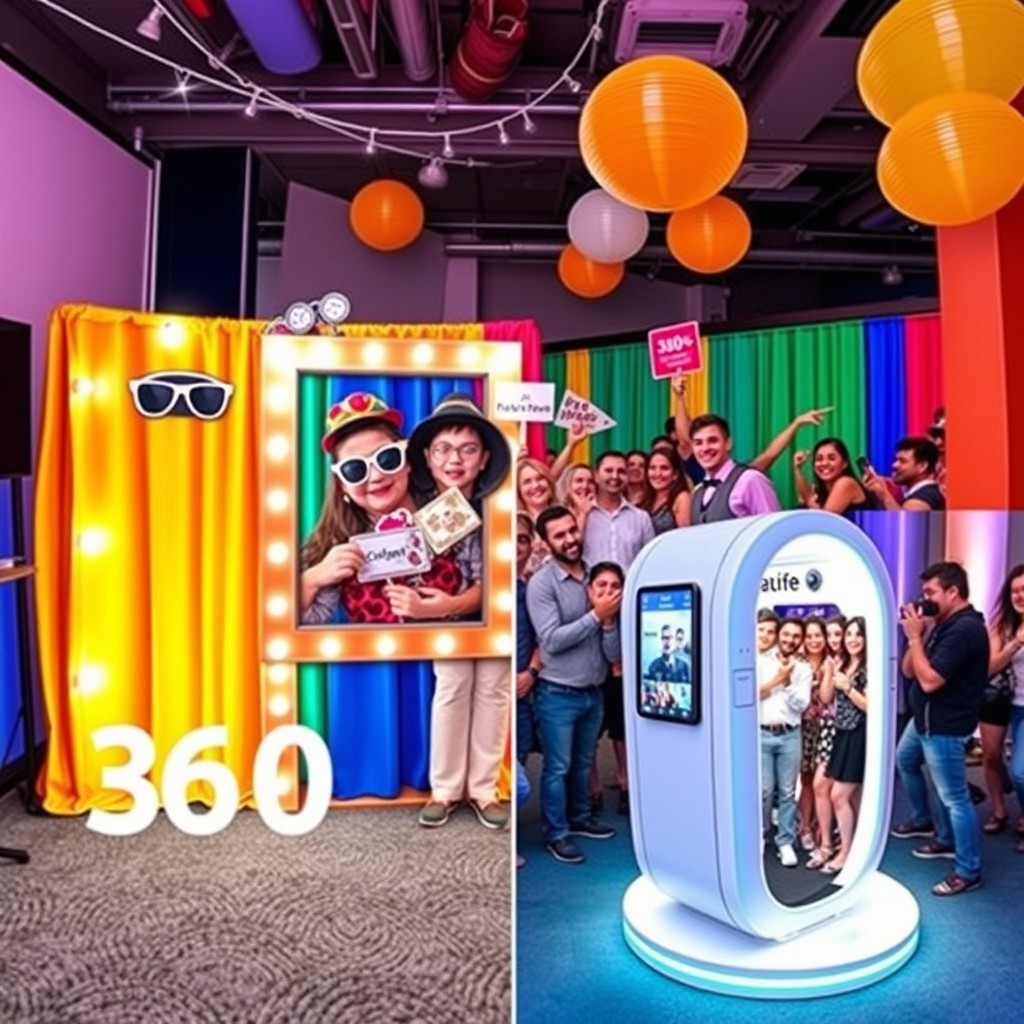 A vibrant and fun photo booth scene featuring a colorful backdrop, props like oversized sunglasses, funny hats, and playful signs