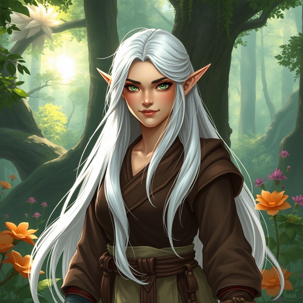 A D&D character concept of a female elf monk druid, showcasing her with striking white hair that flows elegantly down her back